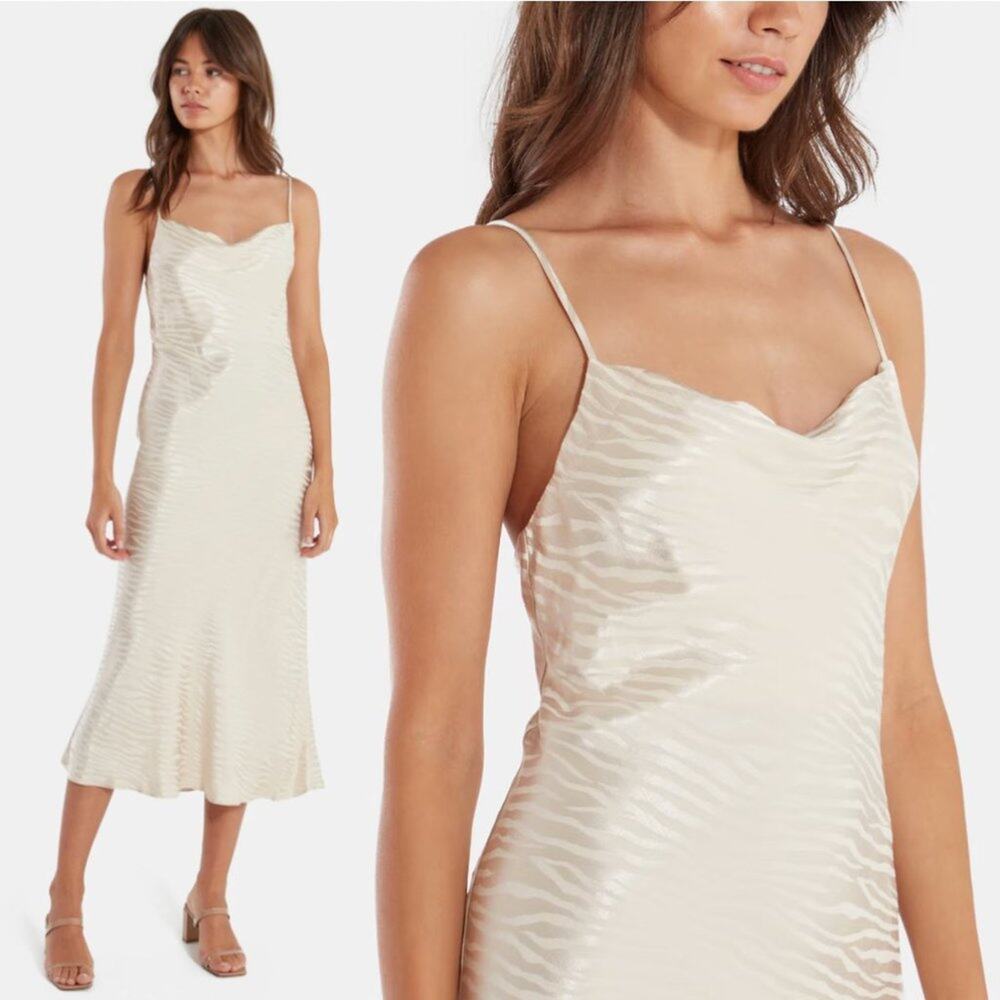 Bec & Bridge Kat Cowl Midi Satin Zebra Slip Dress
